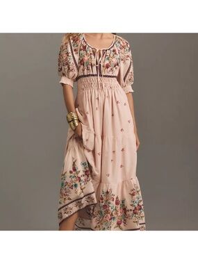 Anthropologie Pink Floral Embroidered Maxi Dress